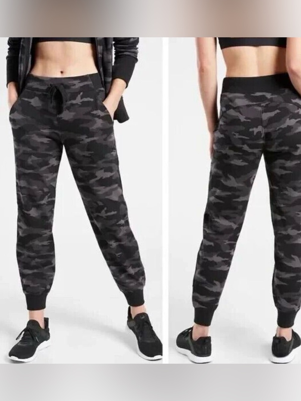 Athleta Black Gray Camo Triumph Jogger Sweatpants Fleece Zip Pocket Large